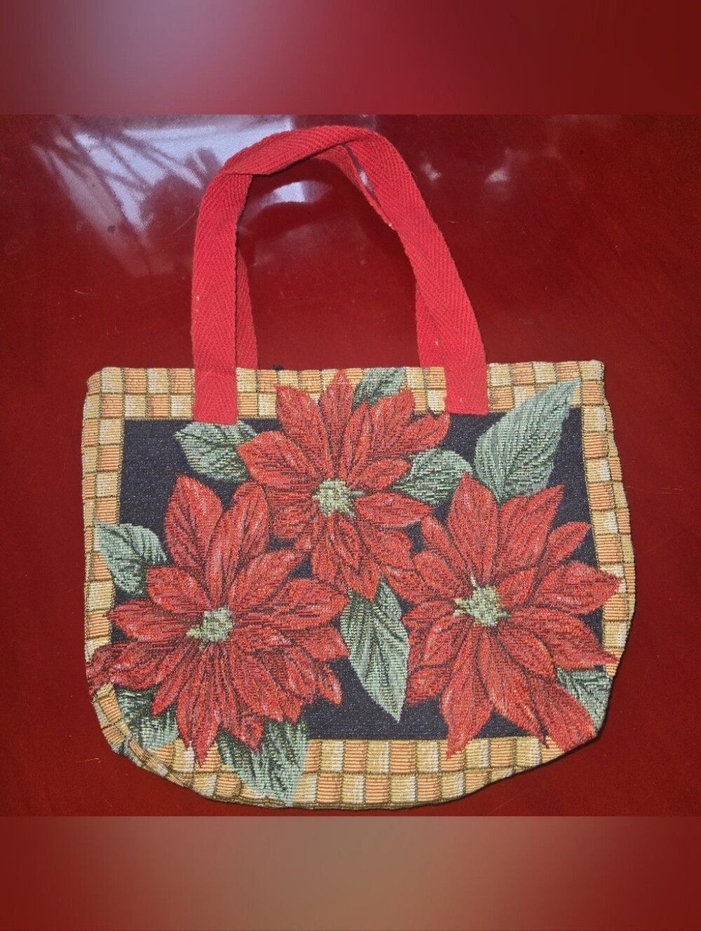Mini Tote Bag Floral Holiday Handcrafted Stitched Poinsettia
